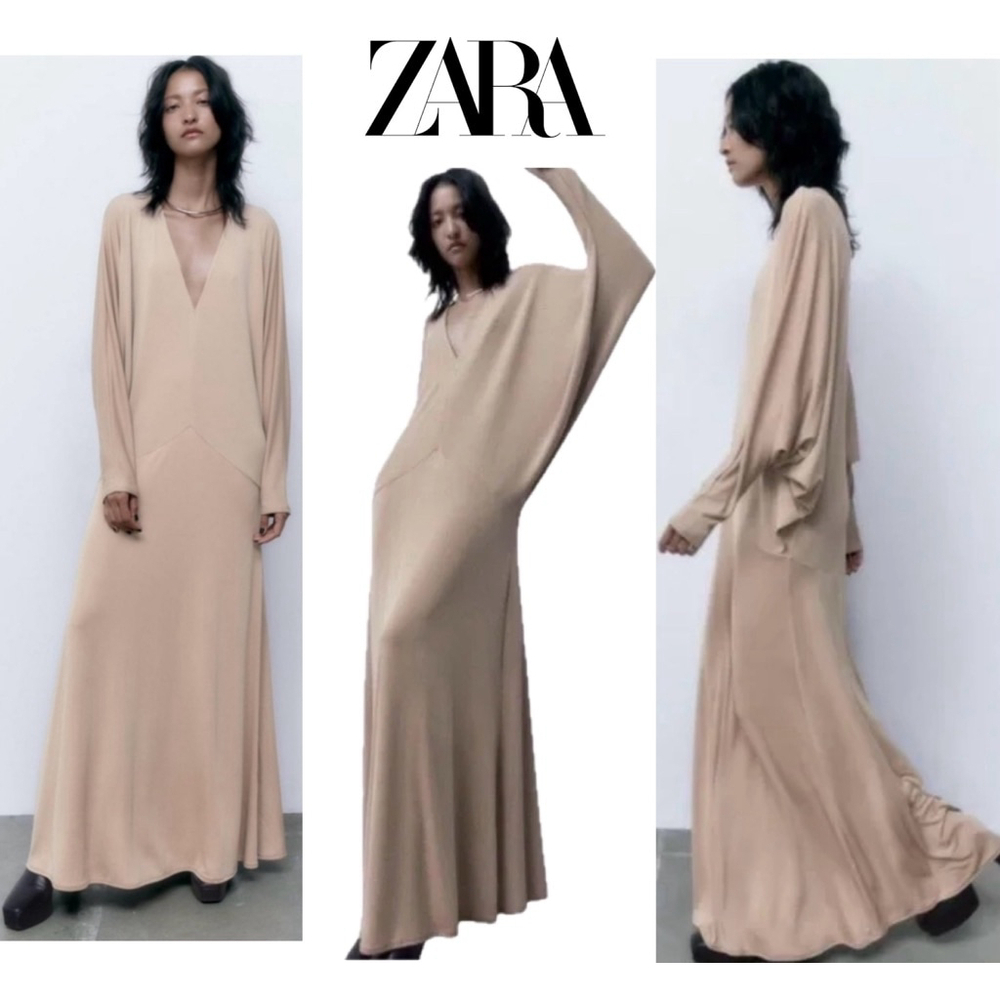 Zara Beige tan brown natural bat wing sleeve Maxi Dress Size S